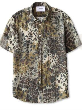 Corridor 100% Line Short-Sleeve Leopard Print Shirt in Olive/Brown - Large